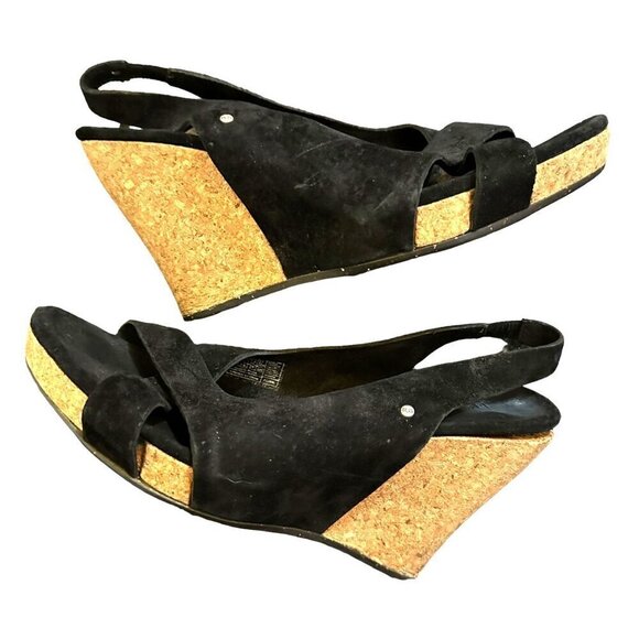 UGG Hazel Criss Cross Black Suede‎ Cork Wedge Slingback Sandals Boho Size 6 - Picture 2 of 11